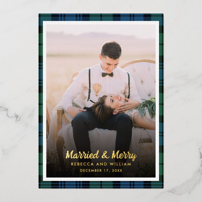 Tarjeta Festiva Con Relieve Metalizado Navidades de Newlyweds Photo Tartan (Anverso)