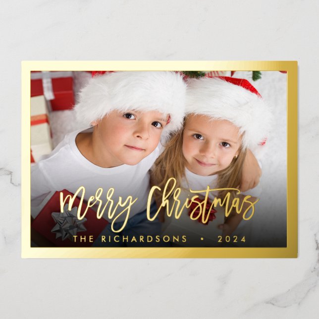 Tarjeta Festiva Con Relieve Metalizado Navidades de nombre de foto familiar simple guión  (Anverso)