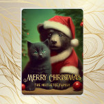 Tarjeta Festiva Con Relieve Metalizado Navidades de nombres personalizados Santa Bear y K<br><div class="desc">Si buscas una tarjeta de Navidad clásica con un toque moderno, este diseño podría ser perfecto para ti. Este es mi diseño de un oso de luna negra usando un traje de Santa y sombrero de Santa con un lindo gatito negro. En el fondo hay un pino Navidad tradicional. También...</div>