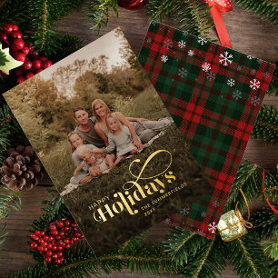 Tarjeta Festiva Con Relieve Metalizado Navidades de oro de caligrafía fotográfica de fami