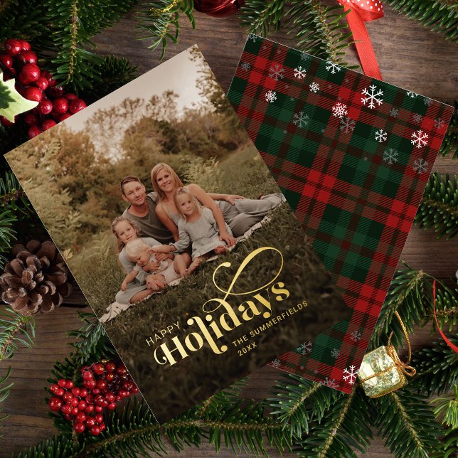Tarjeta Festiva Con Relieve Metalizado Navidades de oro de caligrafía fotográfica de fami (Christmas Holidays Rustic Plaid Gold Foil Family Photo Greetings Card)
