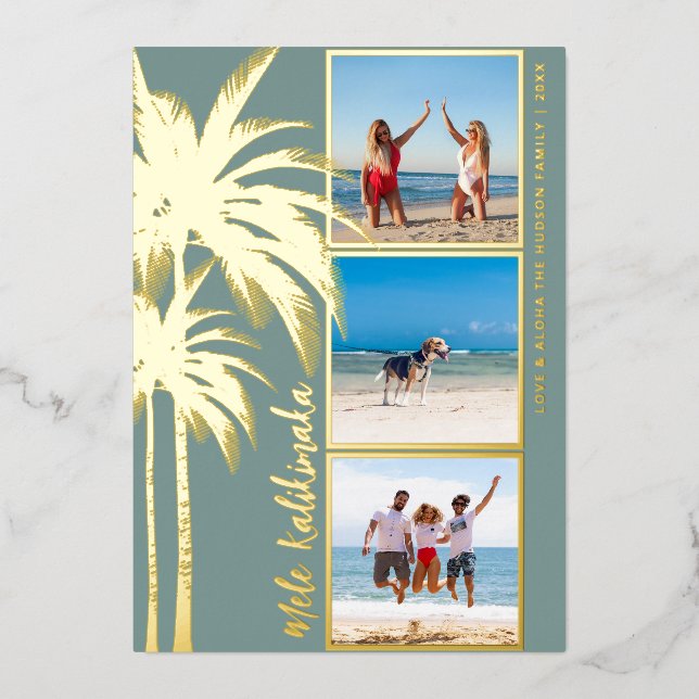 Tarjeta Festiva Con Relieve Metalizado Navidades de Palm Tree Mele Kalikimaka Foto Gold (Anverso)