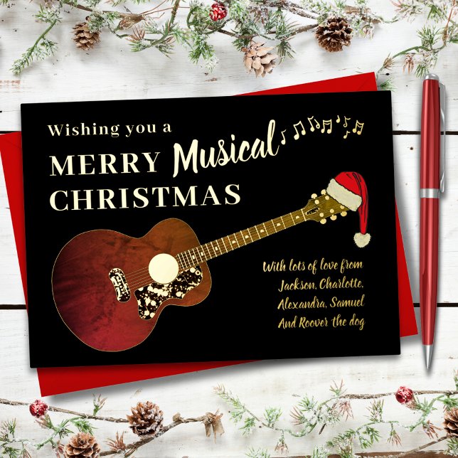 Tarjeta Festiva Con Relieve Metalizado Navidades de rock y rock de oro de guitarra rusa (Rock and roll Christmas rustic guitar black and gold foil music themed custom holiday greetings card)