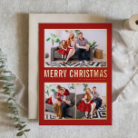 Tarjeta Festiva Con Relieve Metalizado Navidades de tipografía roja moderna tres fotos<br><div class="desc">Feliz Navidad! Envíe saludos de Navidad a la familia y amigos con esta tarjeta de fotos de Navidad de Relieve metalizado de oro de personalizable. Presenta una tipografía simple y un árbol de Navidad. Los textos son totalmente personalizables para cualquier saludo. Esta moderna tarjeta de Navidad está disponible en otros...</div>
