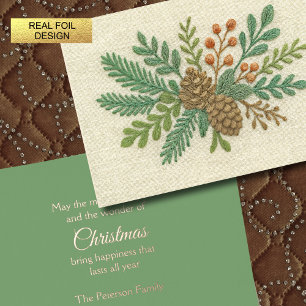 Tarjeta Festiva Con Relieve Metalizado Navidades del bordado Floral Sprig Pinecone