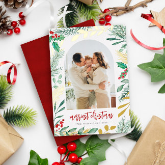 Tarjeta Festiva Con Relieve Metalizado Navidades del follaje acuático de ramas de oro