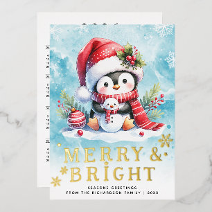 Tarjeta Festiva Con Relieve Metalizado Navidades del oro rojo azul del pingüino blanco y 