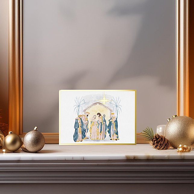 Tarjeta Festiva Con Relieve Metalizado Navidades del oro y la natividad azul (Subido por el creador)