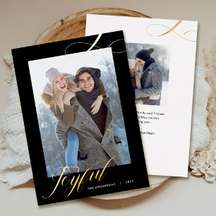 Tarjeta Festiva Con Relieve Metalizado Navidades Elegante Script Joyful Photo Gold