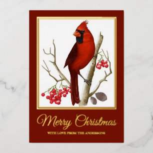 Tarjeta Festiva Con Relieve Metalizado Navidades Elegantes Cardenal Rojo