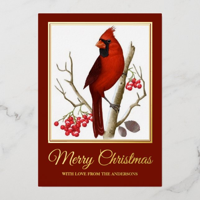 Tarjeta Festiva Con Relieve Metalizado Navidades Elegantes Cardenal Rojo (Anverso)