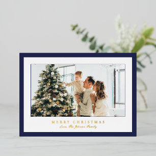 Tarjeta Festiva Con Relieve Metalizado Navidades elegantes de foto de borde azul mínimo