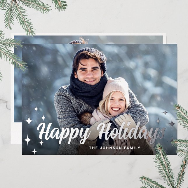 Tarjeta Festiva Con Relieve Metalizado Navidades espumosos 2 Fotos de plata de saludo (Customizable Christmas holiday greeting photo card with real foil print.)