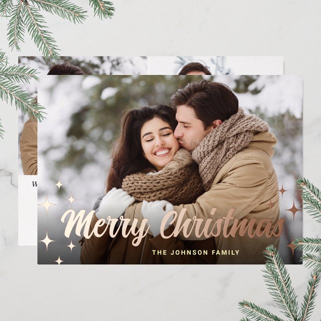 Tarjeta Festiva Con Relieve Metalizado Navidades espumosos 3 Rosa de oro (Customizable Christmas holiday greeting photo card with real foil print.)