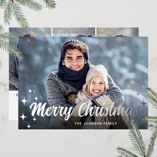 Tarjeta Festiva Con Relieve Metalizado Navidades espumosos 4 Fotos de plata de saludo (Customizable Christmas holiday greeting photo card with real foil print.)