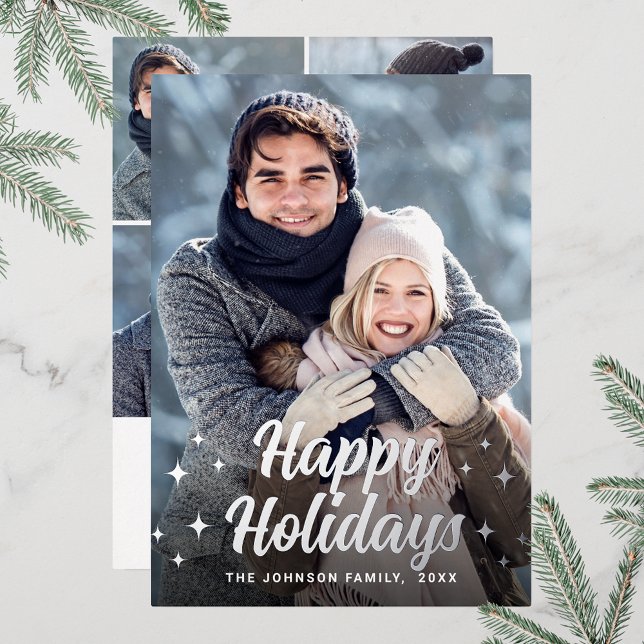 Tarjeta Festiva Con Relieve Metalizado Navidades espumosos 5 Fotos Saludos Plata (Customizable Christmas holiday greeting photo card with real foil print.)
