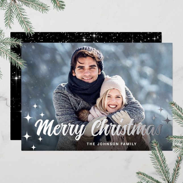 Tarjeta Festiva Con Relieve Metalizado Navidades espumosos FOTO Saludo Plata (Customizable Christmas holiday greeting photo card with real foil print.)