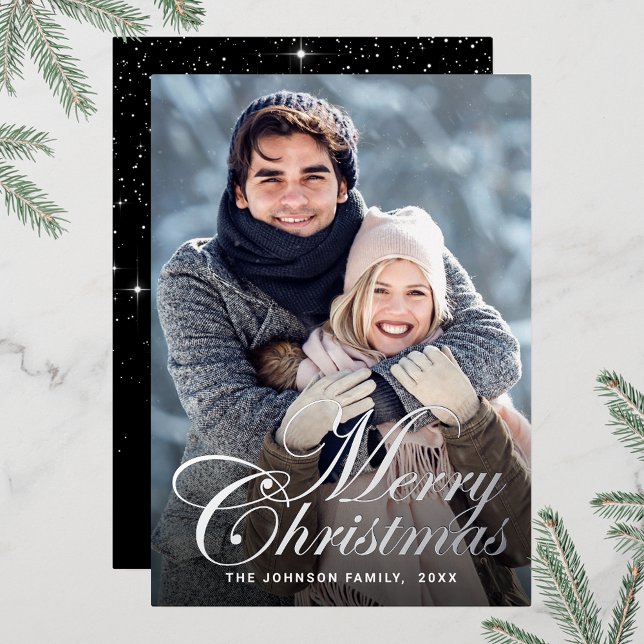 Tarjeta Festiva Con Relieve Metalizado Navidades espumosos FOTO Saludo Plata (Customizable Christmas holiday greeting photo card with real foil print.)