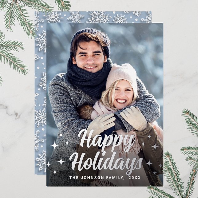 Tarjeta Festiva Con Relieve Metalizado Navidades espumosos FOTO Saludo Plata (Customizable Christmas holiday greeting photo card with real foil print.)