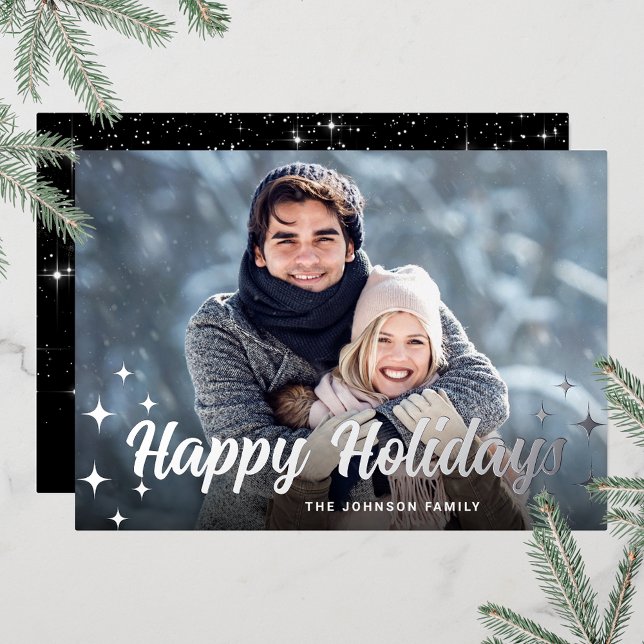 Tarjeta Festiva Con Relieve Metalizado Navidades espumosos FOTO Saludo Plata (Customizable Christmas holiday greeting photo card with real foil print.)