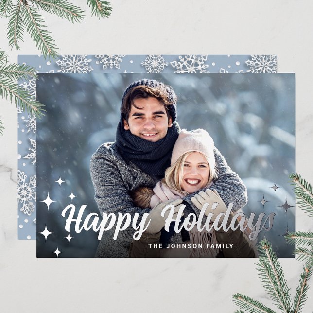 Tarjeta Festiva Con Relieve Metalizado Navidades espumosos FOTO Saludo Plata (Customizable Christmas holiday greeting photo card with real foil print.)