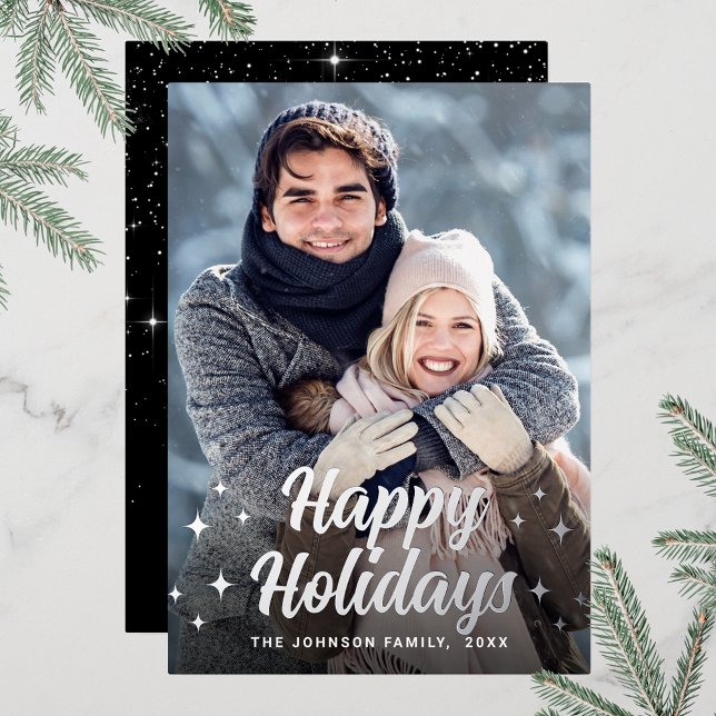 Tarjeta Festiva Con Relieve Metalizado Navidades espumosos FOTO Saludo Plata (Customizable Christmas holiday greeting photo card with real foil print.)