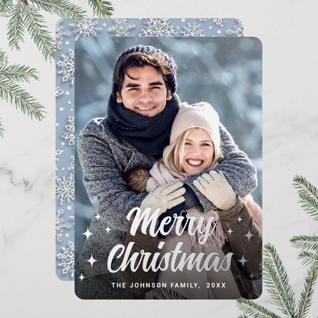 Tarjeta Festiva Con Relieve Metalizado Navidades espumosos FOTO Saludo Plata (Customizable Christmas holiday greeting photo card with real foil print.)