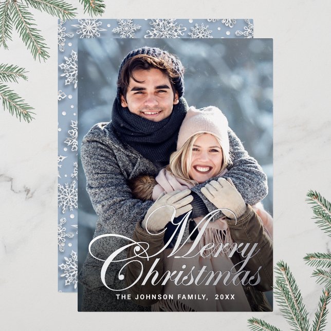 Tarjeta Festiva Con Relieve Metalizado Navidades espumosos FOTO Saludo Plata (Customizable Christmas holiday greeting photo card with real foil print.)