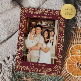 Tarjeta Festiva Con Relieve Metalizado Navidades Folk Floral Foto Merlot Gold