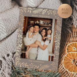 Tarjeta Festiva Con Relieve Metalizado Navidades Folk Floral Foto Taupe Rosa Gold