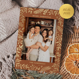 Tarjeta Festiva Con Relieve Metalizado Navidades Folk Foto Floral Terracotta Gold