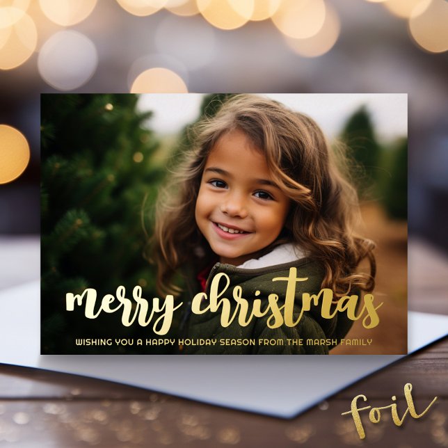Tarjeta Festiva Con Relieve Metalizado Navidades Foto Navidades botánicos horizontales (Gold Foil Christmas Photo Card - Modern Holiday Greeting)