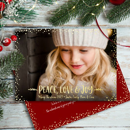 Tarjeta Festiva Con Relieve Metalizado Navidades Foto Paz Amor Joy Script Real Gold