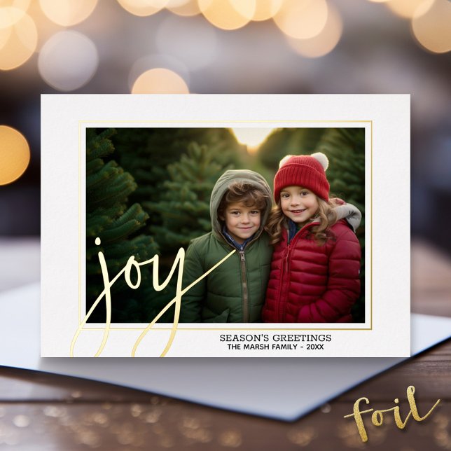Tarjeta Festiva Con Relieve Metalizado Navidades Foto Script Gold JOY - Navidades retenid (Gold Foil Christmas Photo Card - Modern Holiday Greeting)