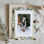 Tarjeta Festiva Con Relieve Metalizado Navidades fotográficos de color acuático y de pino<br><div class="desc">JOY | Envíe sus cálidos saludos de vacaciones con esta tarjeta de Navidades de Relieve metalizado de oro de personalizable. Cuenta con agujas de pino acuarelas, hojas de eucalipto y pineconas. Personalice esta tarjeta de vacaciones verde añadiendo sus detalles. Esta tarjeta de Navidades fotográficos personalizados está disponible en otros materiales....</div>