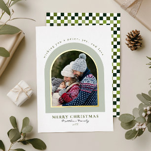 Tarjeta Festiva Con Relieve Metalizado Navidades fotográficos del Arco Moderno Verde