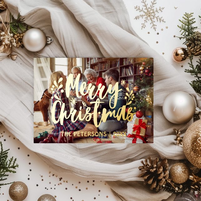 Tarjeta Festiva Con Relieve Metalizado Navidades fotográficos familiares modernos y senci (Christmas Card Gold Foil Overlay Family Photo Unique Vintage Retro)