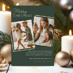 Tarjeta Festiva Con Relieve Metalizado Navidades fotográficos modernos de 2<br><div class="desc">Elegante tarjeta de navidades con fondo verde musgo,  2 fotos para reemplazarla con sus propias fronteras reales de Relieve metalizado dorado,  los saludos de temporada 'Feliz Navidad',  un mensaje personalizado y el nombre de su familia.</div>