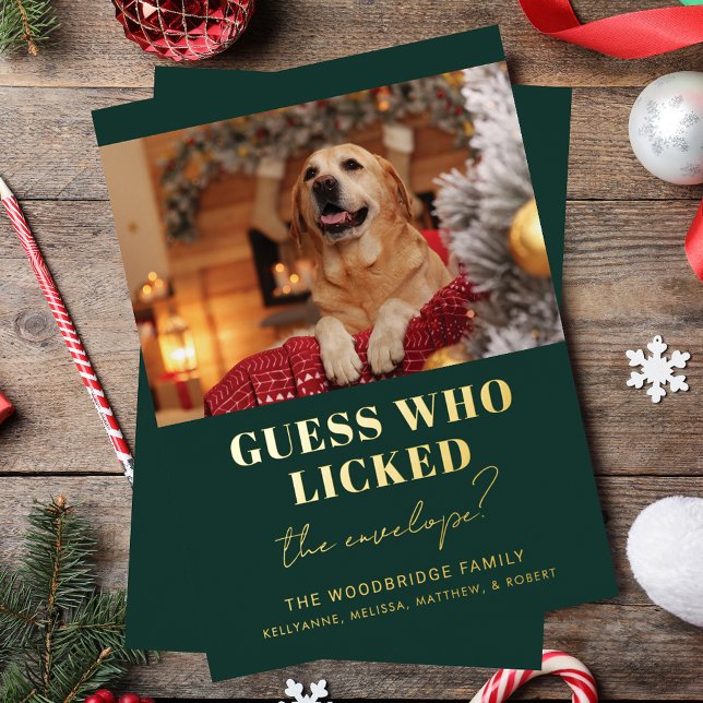 Tarjeta Festiva Con Relieve Metalizado Navidades graciosos de Perro Foto Mordaza (Funny Dog Photo Gag Christmas Foil Holiday Card)