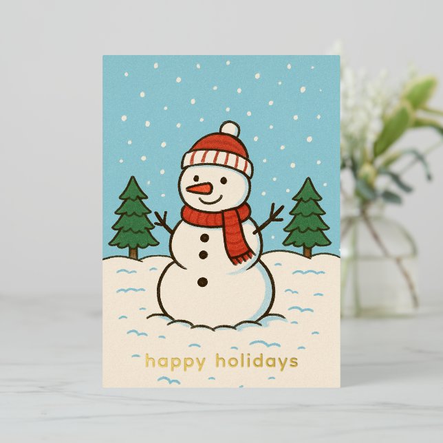 Tarjeta Festiva Con Relieve Metalizado Navidades graciosos de Snowman Cute (Anverso de pie)