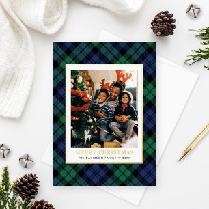 Tarjeta Festiva Con Relieve Metalizado Navidades Green y Blue Tartan Plaid Foto Oro
