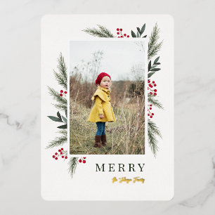 Tarjeta Festiva Con Relieve Metalizado Navidades Greenery Berry Frame Photo