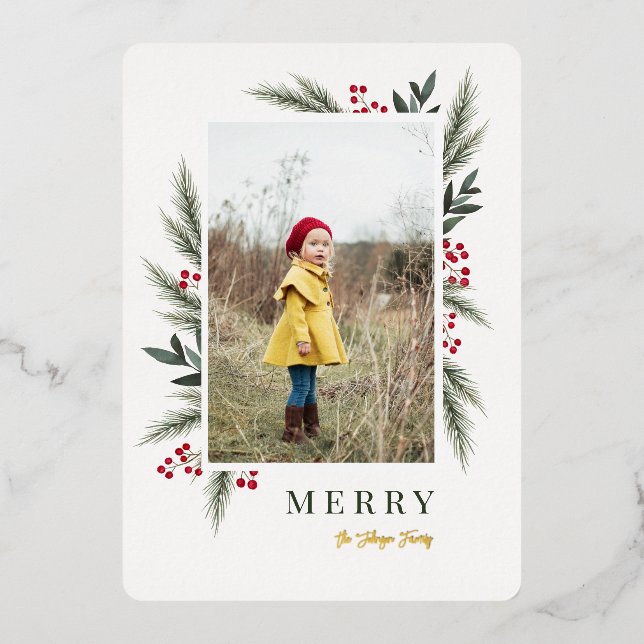 Tarjeta Festiva Con Relieve Metalizado Navidades Greenery Berry Frame Photo (Anverso)