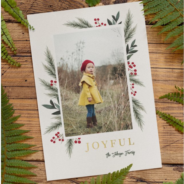 Tarjeta Festiva Con Relieve Metalizado Navidades Greenery Berry Frame Photo (Subido por el creador)