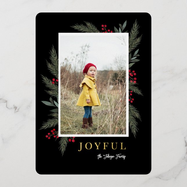 Tarjeta Festiva Con Relieve Metalizado Navidades Greenery Berry Frame Photo (Anverso)