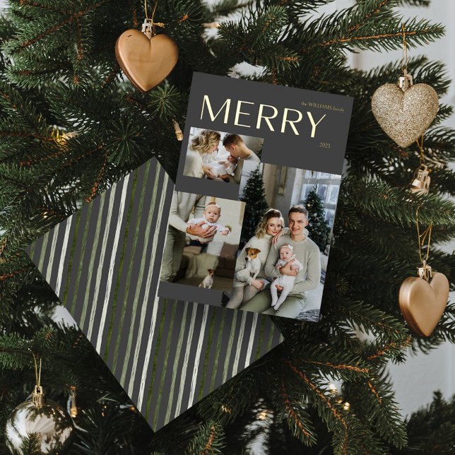 Tarjeta Festiva Con Relieve Metalizado Navidades Gris Gold Modern Merry 3 Collages de fot (Shine Bright! 'MERRY' Gold Foil Holiday Card 🌟🎄 [Add Your Photo])