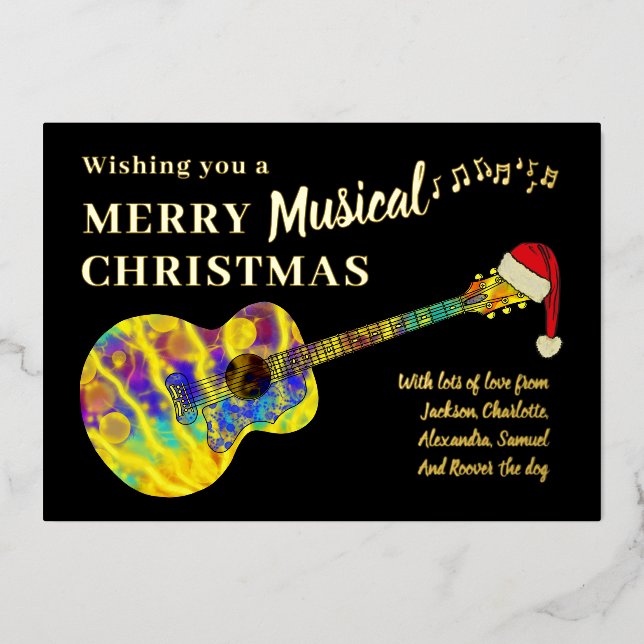 Tarjeta Festiva Con Relieve Metalizado Navidades Guitarra Colorful Personalized Gold (Anverso)