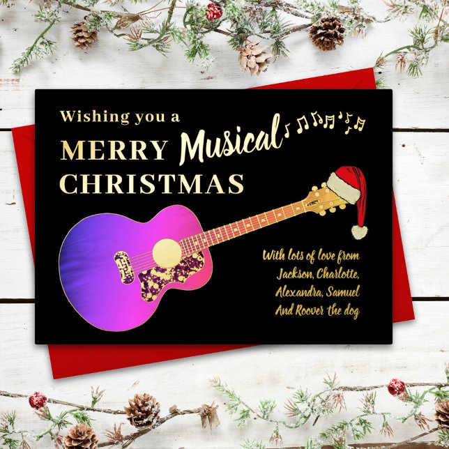 Tarjeta Festiva Con Relieve Metalizado Navidades Guitarra Oro Rosa Personalizado (Christmas pink girly guitar wearing a santa hat personalized black & gold foil holiday greeting card)
