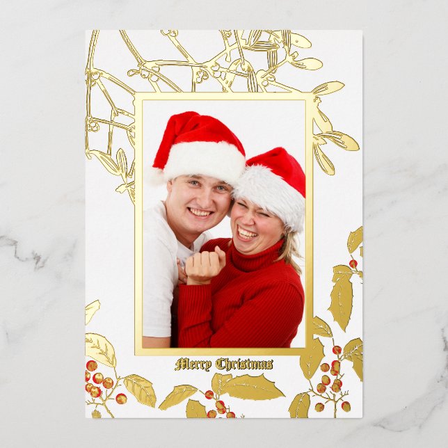 Tarjeta Festiva Con Relieve Metalizado Navidades Holly y Mistletoe Borde de Arte Botánico (Anverso)