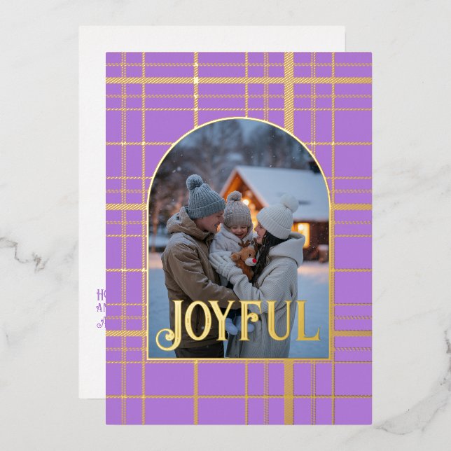 Tarjeta Festiva Con Relieve Metalizado Navidades Lavender y Gold Gingham (Anverso/Reverso)